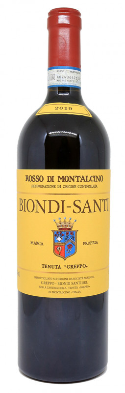 bouteille de vin rouge, &eacute;tiquette traditionnelle, biondi santi, rosso di montalcino 2019, vin toscan