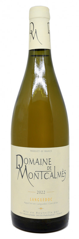 <p>bouteille de vin blanc, Domaine de Montcalm&egrave;s, Blanc 2022, vin du Languedoc</p>