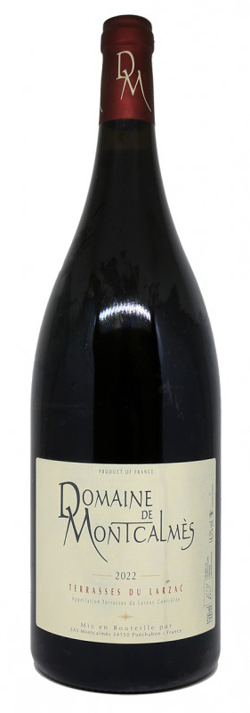 bottle of red wine, magnum of red wine, Domaine de Montcalmès label, Terrasses du Larzac, Languedoc wine