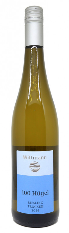 bouteille de Wittmann 100 H&uuml;gel Riesling Trocken 2024, vignoble biologique de Rheinhessen, Allemagne, vin blanc sec, c&eacute;page Riesling, vin biodynamique