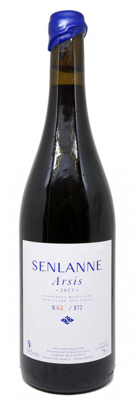 bouteille arsis 2023, domaine senlanne, grenache noir, vin rouge naturel, vignoble altitude, sols limoneux schisteux, vin artisanal, &eacute;levage barrique, vin biodynamique, bouchage cire manuelle, &eacute;tiquette minimaliste