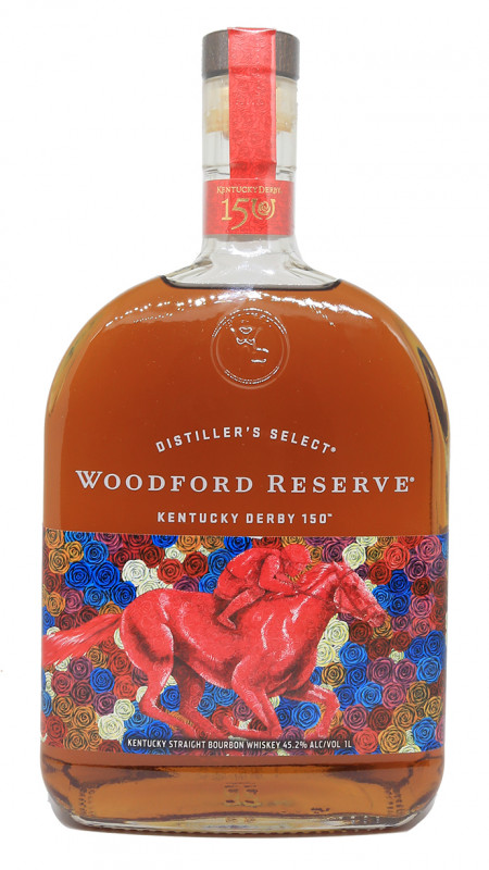 bouteille Woodford Reserve Derby 150, &eacute;tiquette sp&eacute;ciale &eacute;dition 2024, &oelig;uvre de Wylie Caudill, fond de roses, cheval de course, roses rouges, bouteille comm&eacute;morative, Kentucky Derby, collection whiskey
