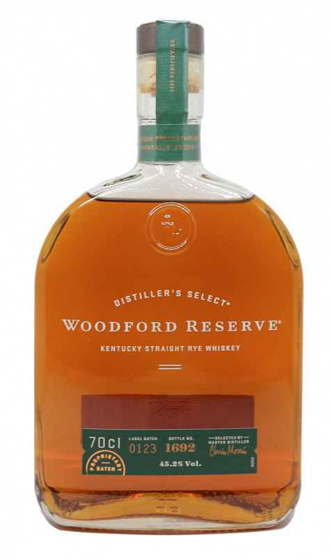 bouteille Woodford Reserve Rye Whiskey, whisky Kentucky, f&ucirc;t de ch&ecirc;ne am&eacute;ricain, whisky &eacute;pic&eacute;, distillerie Woodford Reserve