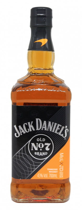 bouteille Jack Daniel&rsquo;s McLaren F1 &Eacute;dition 3, &eacute;tiquette noire et orange, logo McLaren, bouteille &eacute;dition limit&eacute;e, f&ucirc;t de ch&ecirc;ne, course automobile, Formule 1, collection whiskey