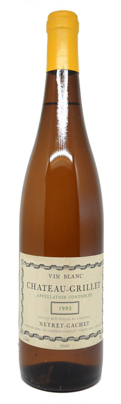 Bouteille de vin blanc, &eacute;tiquette Ch&acirc;teau-Grillet 1992, vignoble Rh&ocirc;ne, terroir ancien, bouteille de collection, vin mature