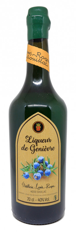 bouteille de liqueur de geni&egrave;vre Louis Roque, baies de geni&egrave;vre, &eacute;tiquette traditionnelle, style artisanal, distillerie du Lot, produit de caract&egrave;re