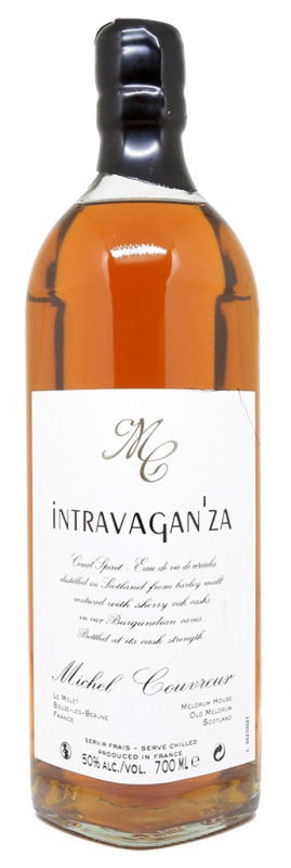 bouteille Michel Couvreur Intravaganza, &eacute;tiquette L3449, whisky 50%, whisky non tourb&eacute;, cave Bouze-l&egrave;s-Beaune, whisky &eacute;lev&eacute; en f&ucirc;t de Sherry, Moscatel, Oloroso, whisky fran&ccedil;ais, embouteilleur ind&eacute;pendant