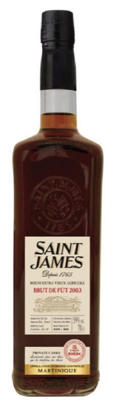 Photo de la bouteille de Saint James 2003, rhum agricole de martinique AOC, s&eacute;lectionn&eacute; par la confr&eacute;rie du rhum. C'est un brut de f&ucirc;t &agrave; 59% et limit&eacute; &agrave; 950 exemplaires dans le monde. La confr&eacute;rie du rhum est un c&eacute;l&egrave;bre groupe de Facebook pour tous les amateurs francophones de rhum.