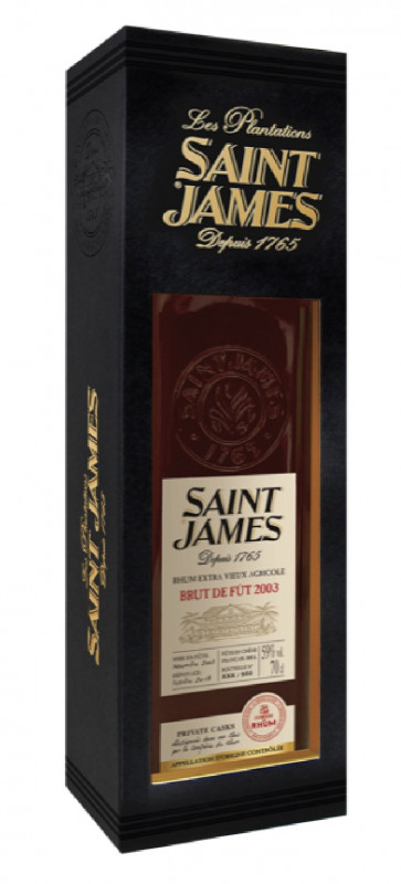 Photo de la bouteille de Saint James 2003, rhum agricole de martinique AOC, s&eacute;lectionn&eacute; par la confr&eacute;rie du rhum. C'est un brut de f&ucirc;t &agrave; 59% et limit&eacute; &agrave; 950 exemplaires dans le monde. La confr&eacute;rie du rhum est un c&eacute;l&egrave;bre groupe de Facebook pour tous les amateurs francophones de rhum.